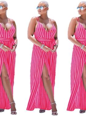 Womens irregular jumpsuit sexy slit wide-leg striped pants