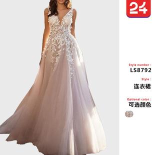 Wedding Sexy Dress Deep Neck Lace Long Womens Sleeveless V