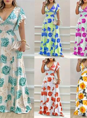 One-piece dress V-neck short-sleeved dress with long waist