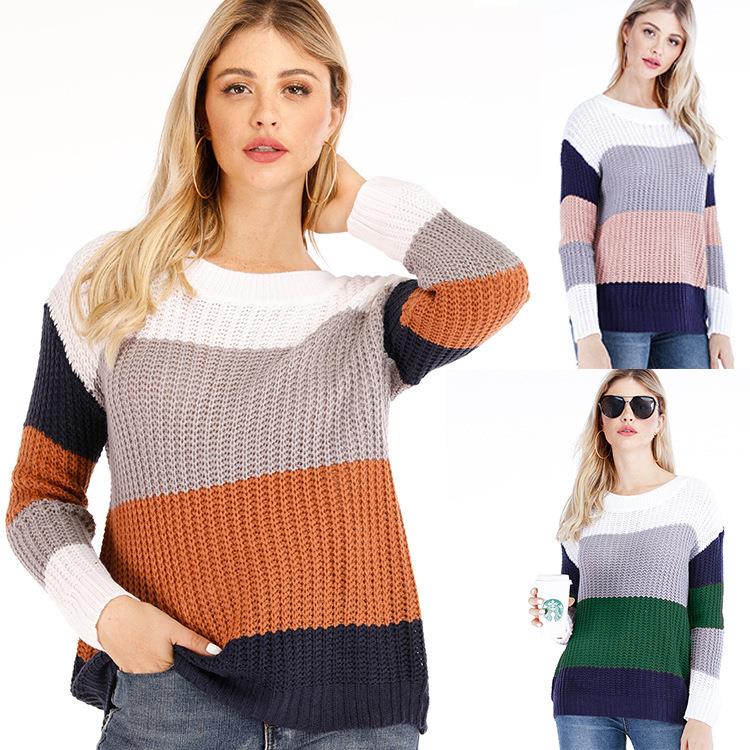autumn winter new one necked off shoulder color blocked