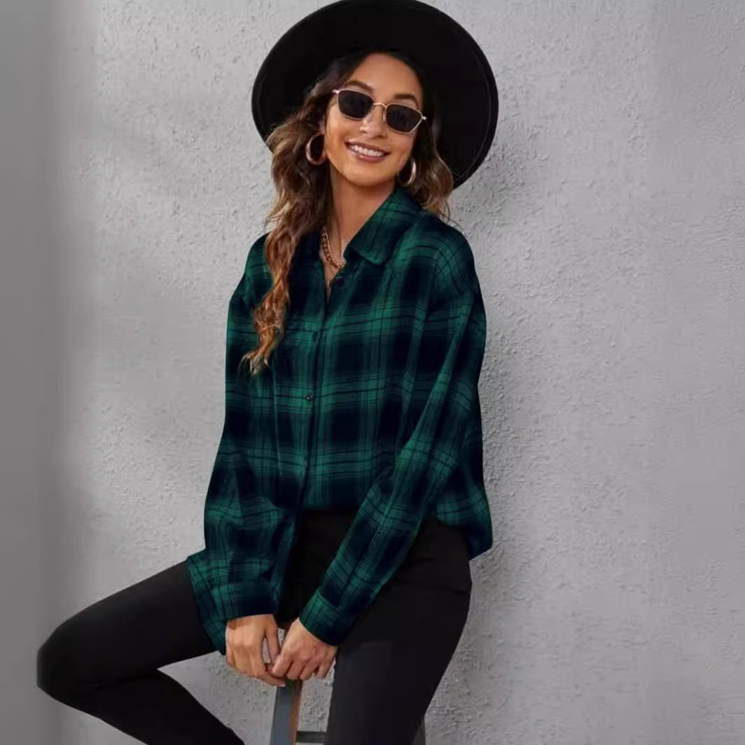 Womens Plaid Cardigan Long Sleeve Lapel Loose Shirt Color