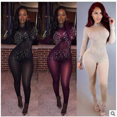 jumpsuit slim-fitting long-sleeved chest the on diamonds