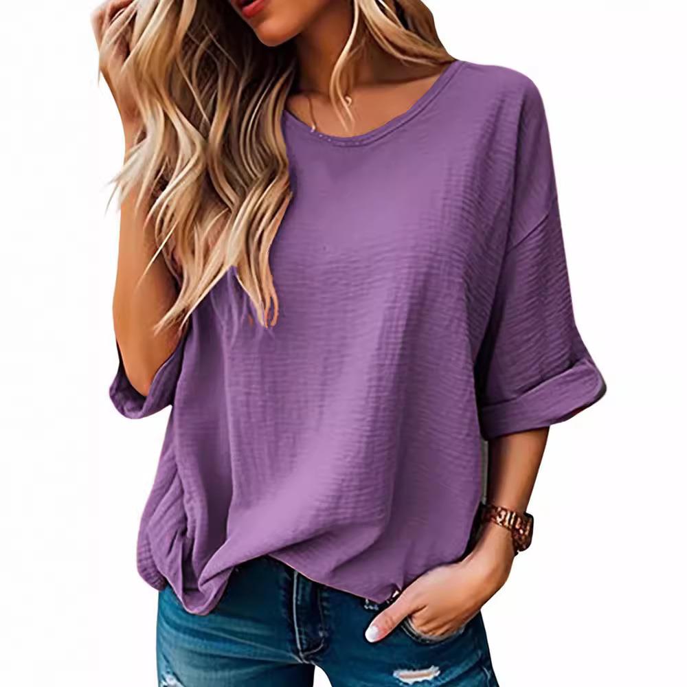 Womens round neck half sleeve solid color casual pullover