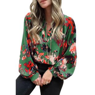 Lantern Chiffon Long Graffiti Womens Sleeve neck Top