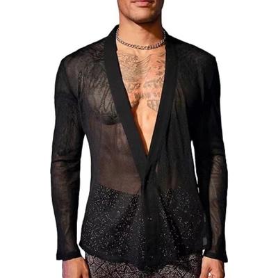 Mens Sheer Long Mesh Muscle V-Neck Top Button Sleeve Shirt