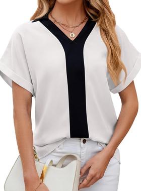 women for top sleeve short loose shirt chiffon lapel color