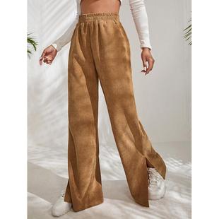 hem solid women trousers corduroy color stitching for slit