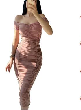 Solid elegant pleated dress skirt womens one long shoulder