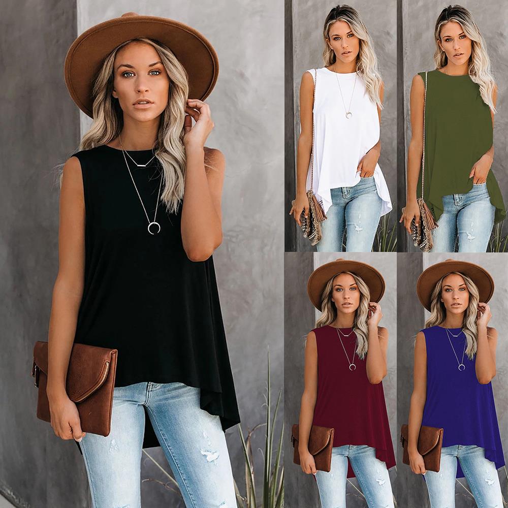 Solid Color Mid-Length Vest T-Shirt Womens Round Neck