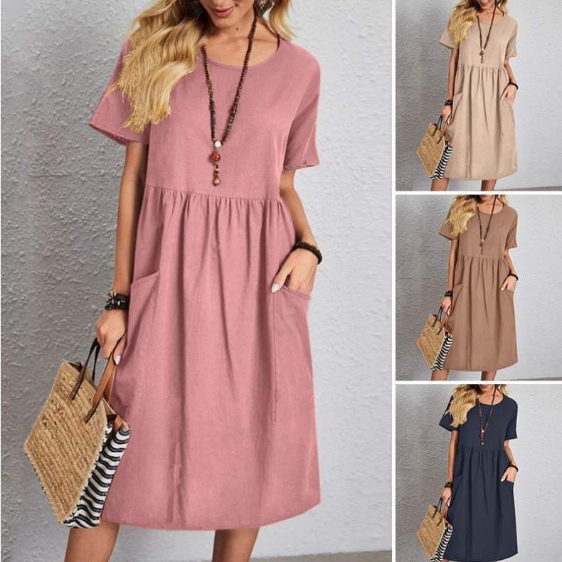 Cotton and linen round neck short sleeve pocket pleated