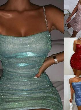 women for dress suspender hip pleated rhinestone dress