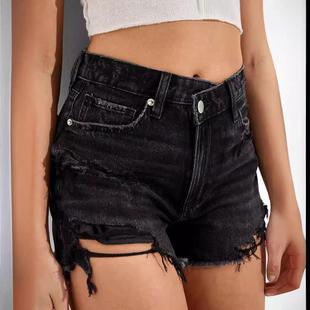 Ripped denim personality shorts jeans solid color style