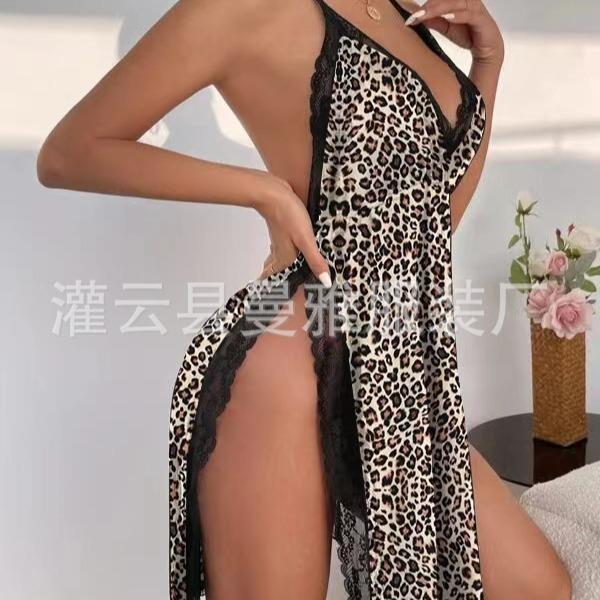 backless nightdress V Large slit sexy leopard temptation