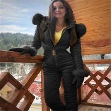 fleece women skiing jumpsuit faux fur collar hooded ski