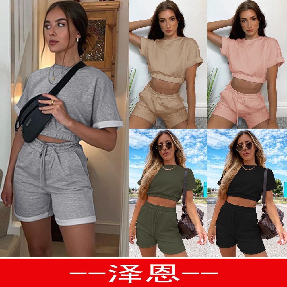 Short-sleeved waisted pants with pockets casual sweatshirt