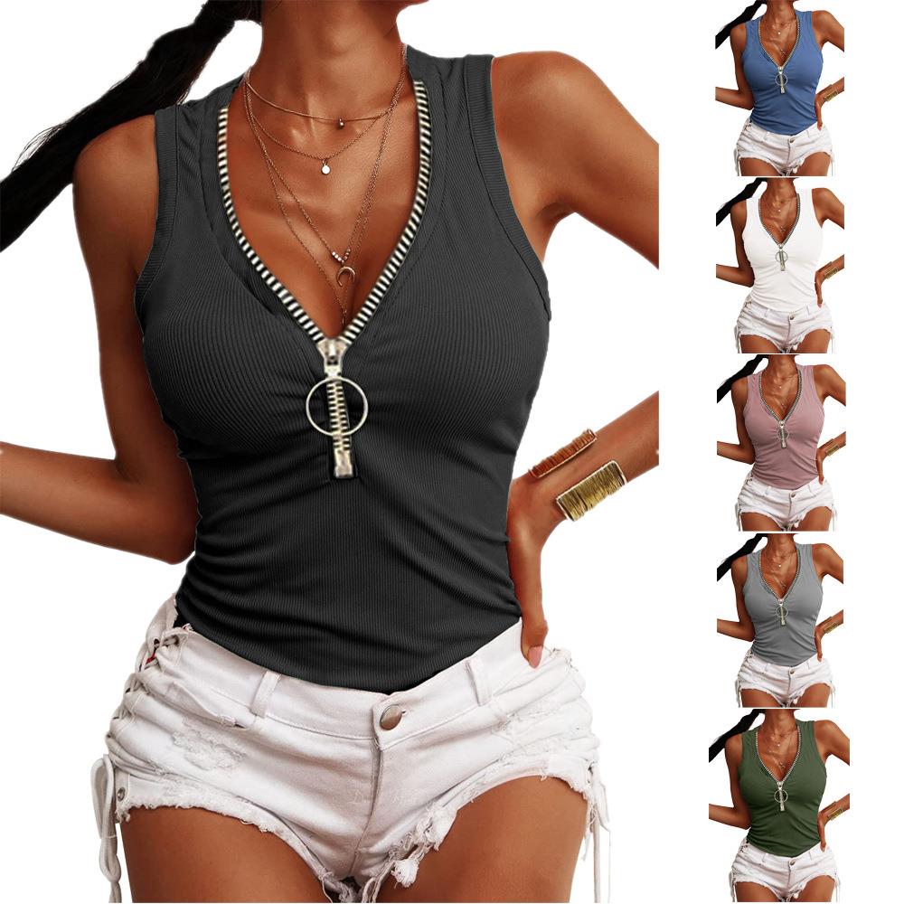 tight up womens vest tops zipper stripe color camis summer