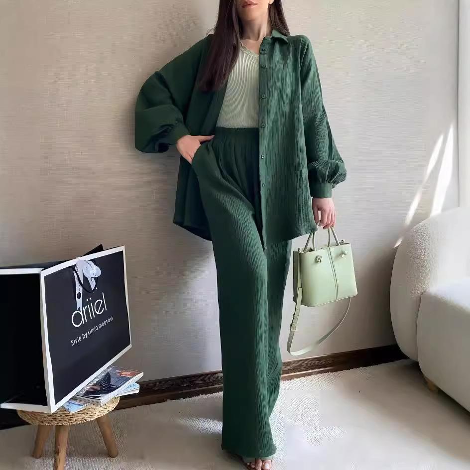 Womens Two Piece Suit Long Sleeve Lapel Shirt Button Top