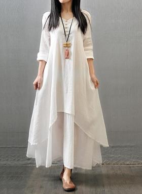 Fake artistic loose swing and skirt big linen long sleeve