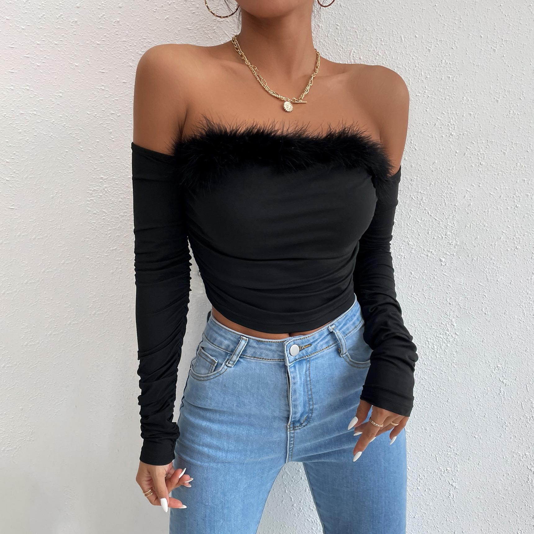 Womens fur collar tube top long sleeve with backless