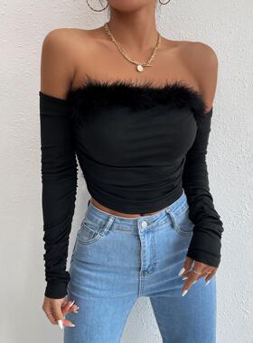 Womens fur collar tube top long sleeve with backless