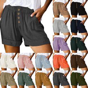 Pants Leg Wide Loose Pocket Button Waist High Shorts Casual