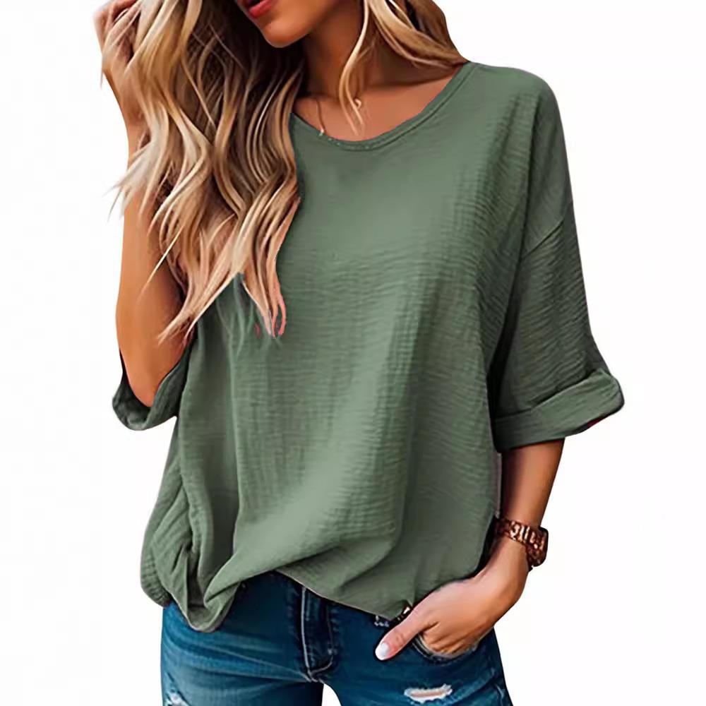 Womens round neck half sleeve solid color casual pullover