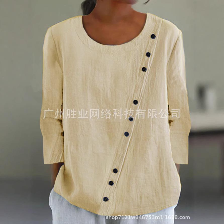 Womens round neck solid color cotton linen long sleeve top