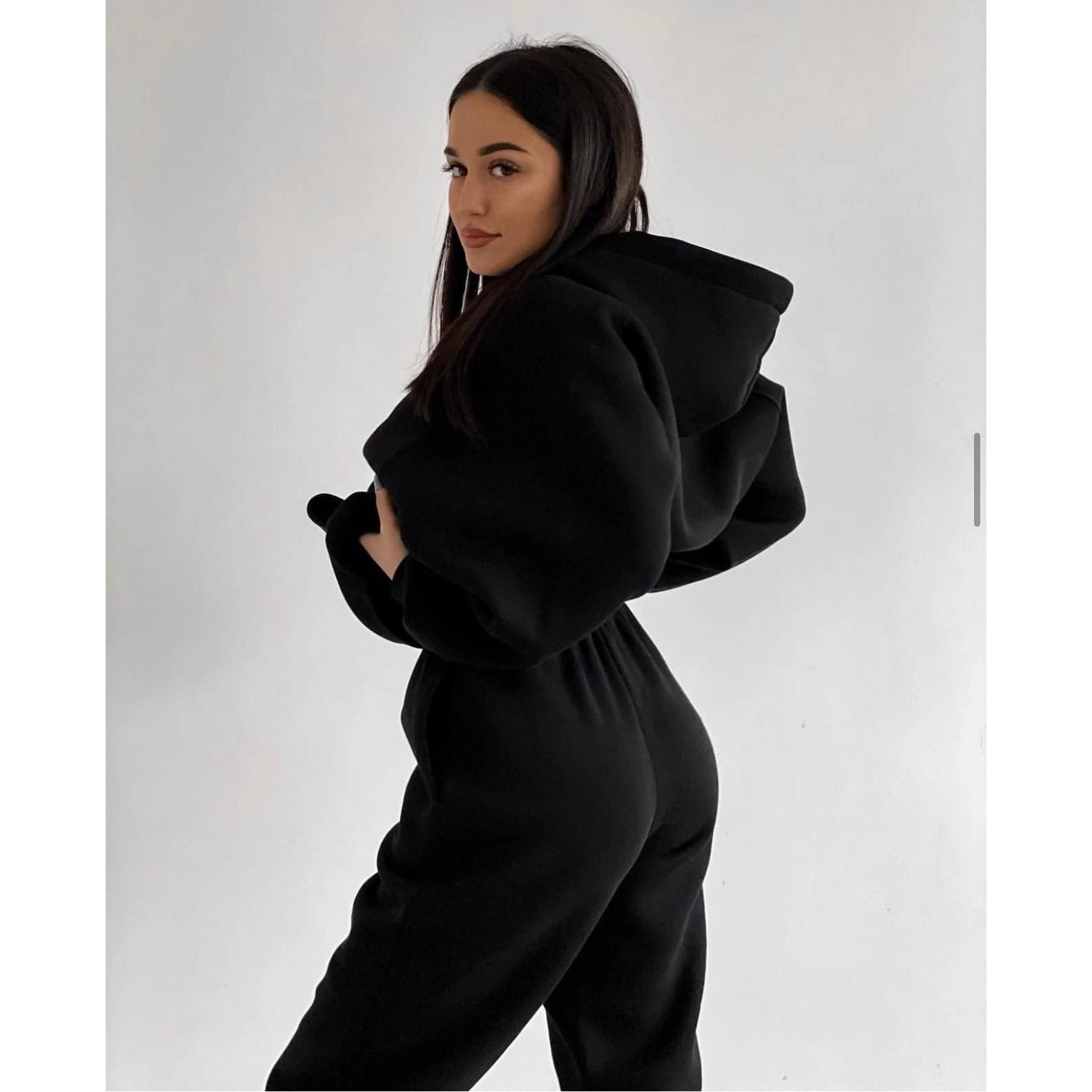 pants piece two sweatshirt collar zipper loose casual