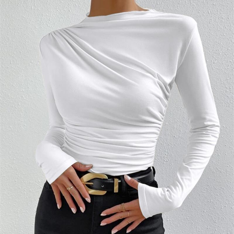 Solid color slim fit bottoming shirt versatile pleated long