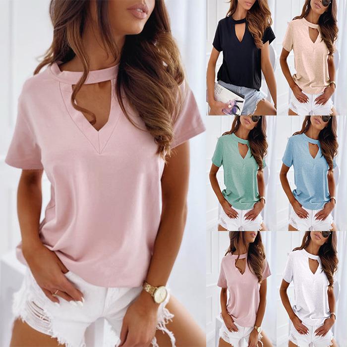 Simple Candy Color Hollow V Neck T-shirt Top for Women