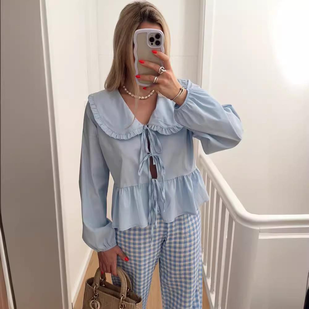 tops casual summer fashion blouses front open tie-up