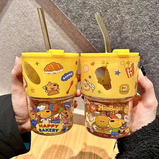 卡通keir小狗吸管杯带盖咖啡杯玻璃杯高颜值办公室杯子送女生礼物