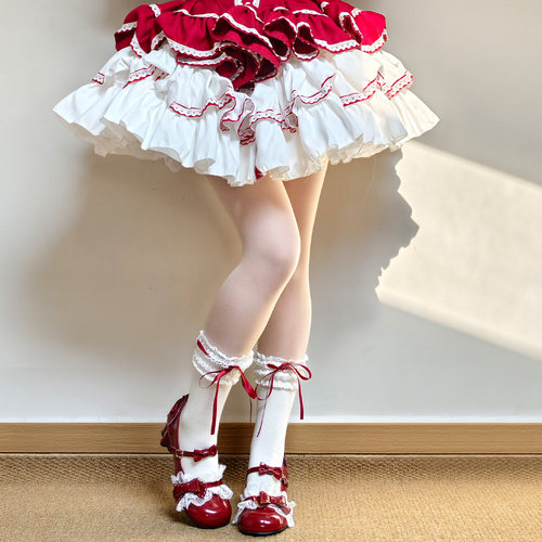 lolita袜子红色蕾丝花边中筒棉袜