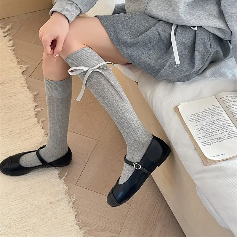 袜子2025春夏新款jk风宽坑条飘带小腿女袜薄款镂空芭蕾风堆堆长袜