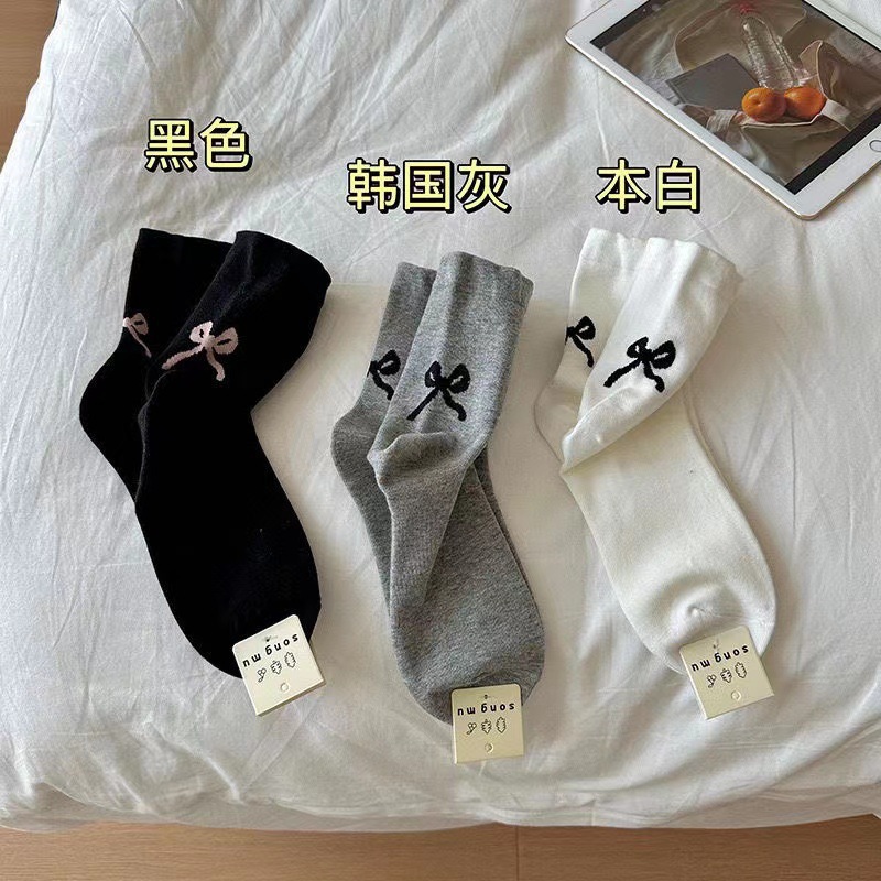 夏季薄款短袜蝴蝶结中筒袜子女