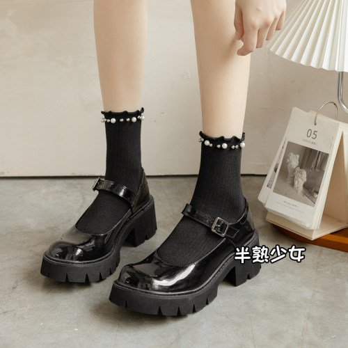 黑色珍珠花边袜子女中筒袜