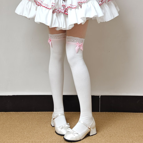 lolita白色蕾丝花边袜子长筒过膝