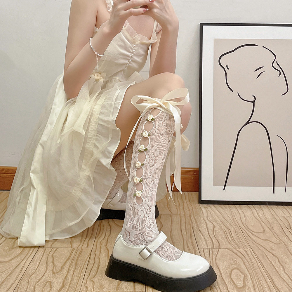 白色蕾丝花边袜子女小腿袜芭蕾风带蝴蝶结镂空网袜丝袜高筒袜