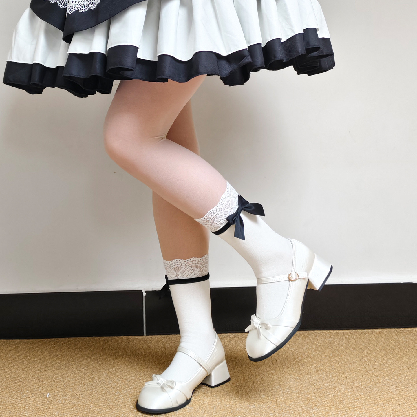 Lolita袜子女春秋蝴蝶结中简袜洛丽塔蕾丝花边棉袜甜美jk小腿袜女
