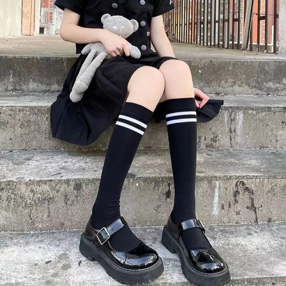 小腿袜JK秋季纯棉袜子日系学院风条纹二条杠中筒袜瘦腿长袜压力袜