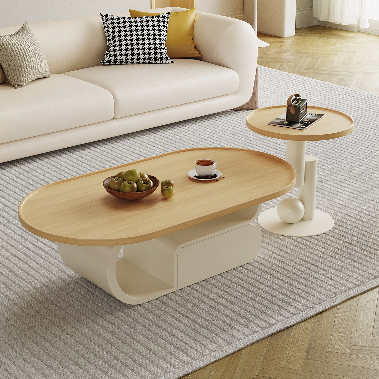 原木奶油风茶几客厅家用轻奢高级感小户型沙发桌子简约椭圆形茶桌,住宅家具,茶几,淘宝优惠券,粉丝福利购,淘宝优惠卷