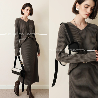 3HLADY 时髦复古风 立体波浪纹 巴素兰羊毛针织衫 / 过膝半身裙