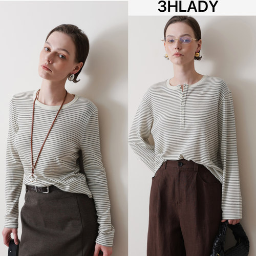 3HLADY | 巴素兰工艺 全羊毛条纹系列针织圆领套头衫|亨利领上衣