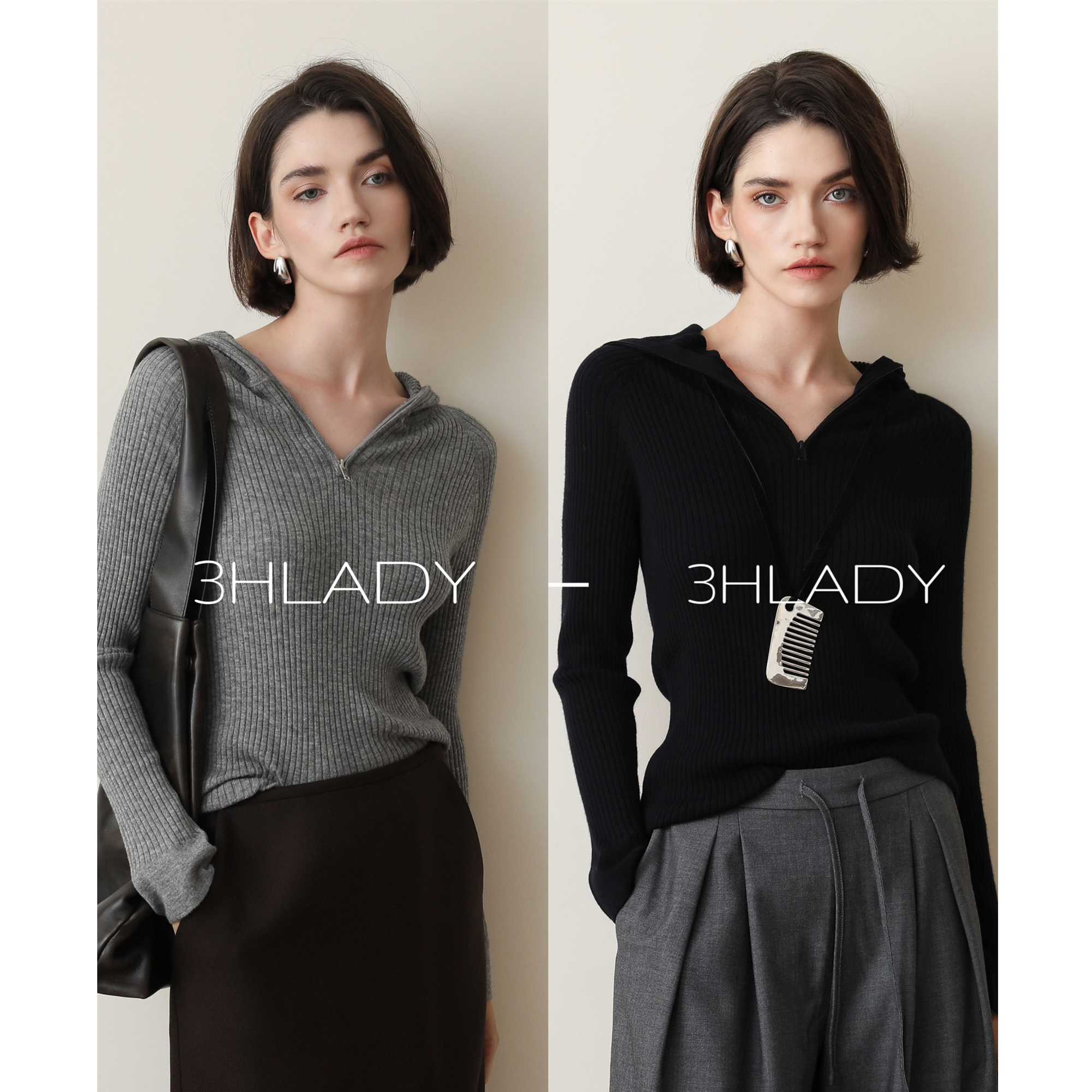 3HLADY 运动知识分子 超细羊毛混纺修身罗纹弹力针织连帽衫