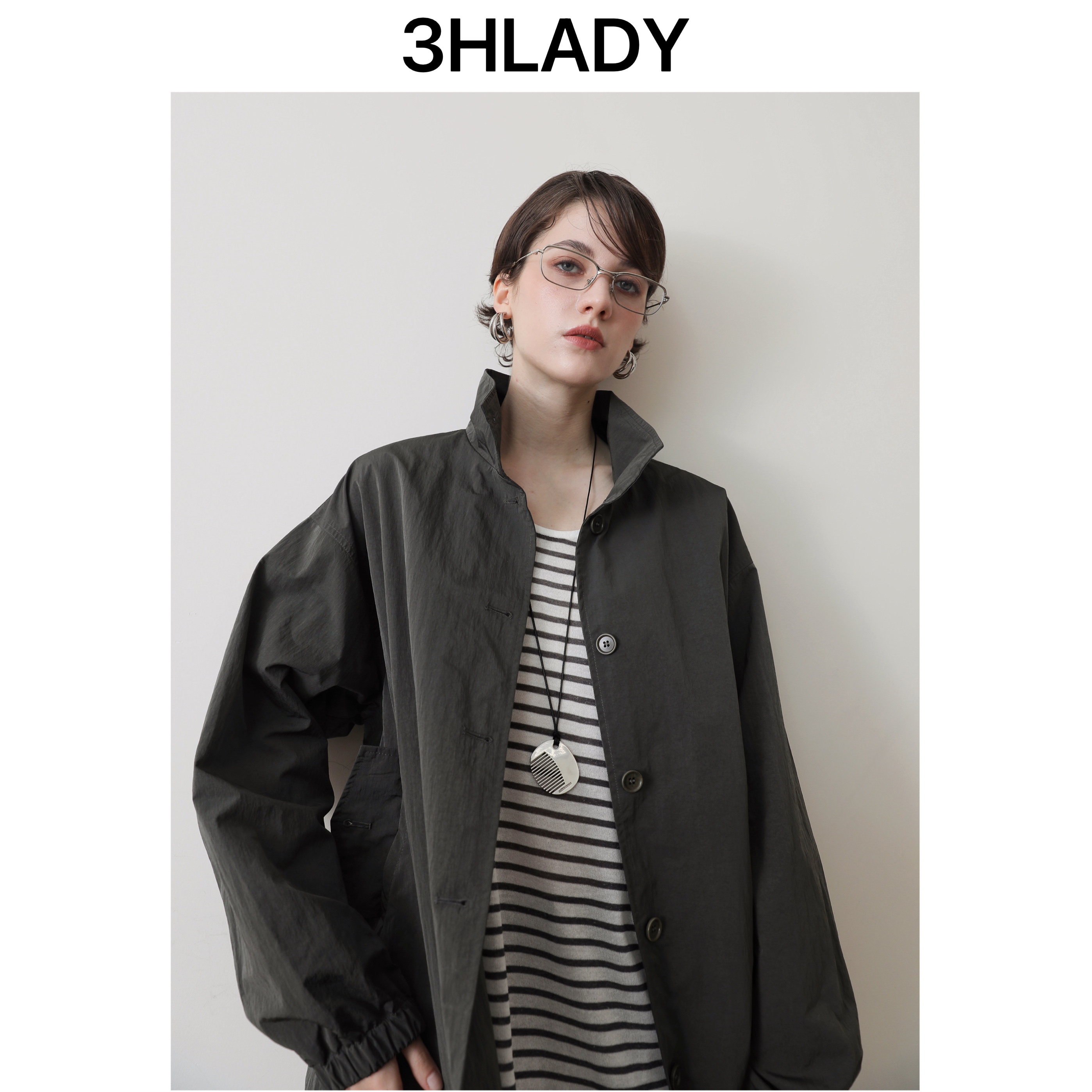 3HLADY 水洗褶皱棉薄款 立翻领  下摆内里可抽绳 中长休闲风衣