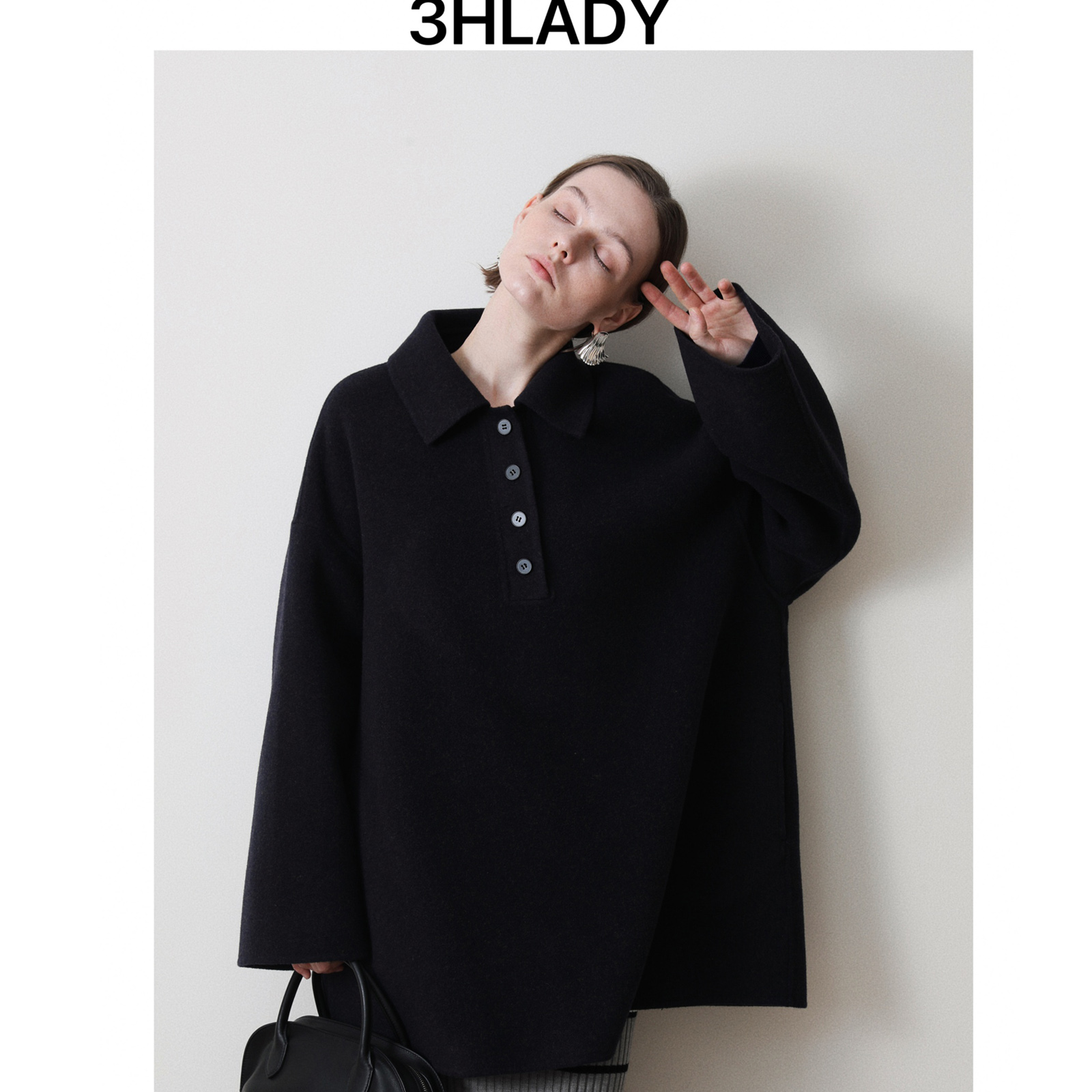 3HLADY 宽松风格 里昂蓝 含山羊绒 翻领手工双面呢套头外套大衣