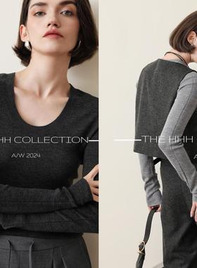 3HLADY无缝一体 内嵌工艺120S极细美丽诺羊毛U领修身弹力针织衫