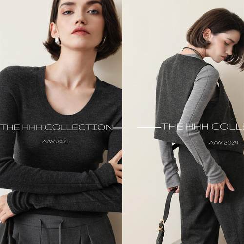 3HLADY无缝一体 内嵌工艺120S极细美丽诺羊毛U领修身弹力针织衫