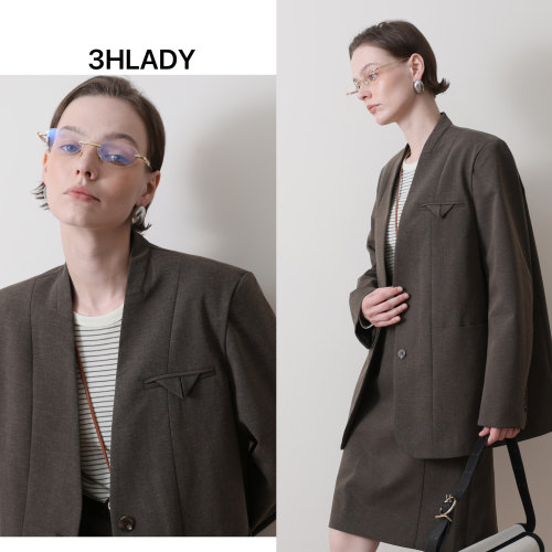 3HLADY|汲简飒美 秋日通勤混花感无领微阔西装外套|及膝H型半身裙