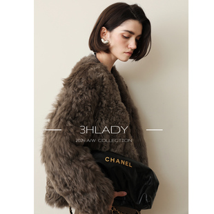3HLADY 冬季松弛温暖 进口微卷托卡皮毛一体长袖短款外套皮草